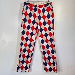 Loudmouth Golf Pants Mens 34 X 32 Dixie Argyle Pattern Red White Blue Tan